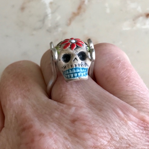 Handmade Sterling Silver Flower Sugar Skull Ring - Picture 3 of 5
